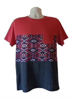 On The Byas mens red/navy aztec print pocket short-sleeve t-shirt size M